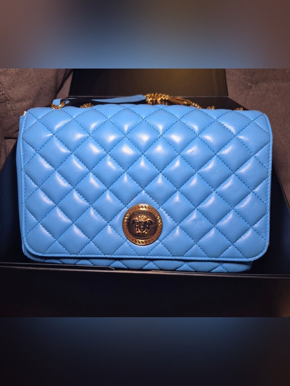 Versace Quilted Medusa Shoulder Bag Blue Leather Gold Chain NWT/Box